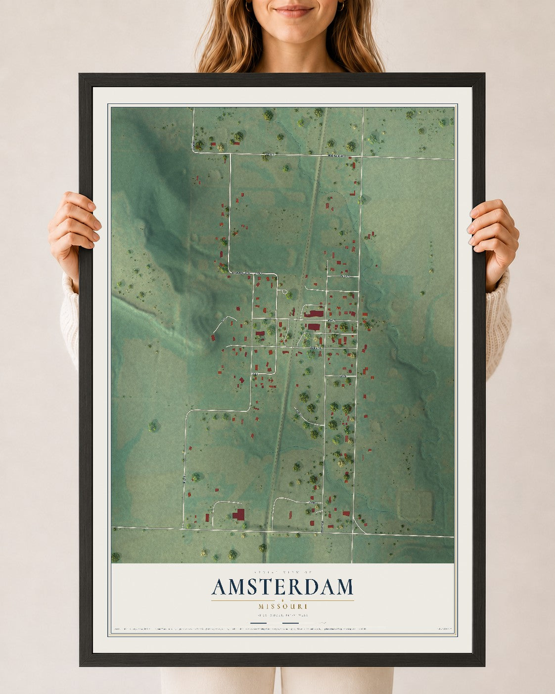 Map of Amsterdam, Missouri, 24 x 36 inch print in a black wood frame