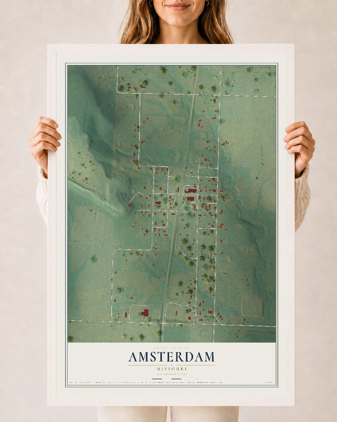 Map of Amsterdam, Missouri, 24 x 36 inch print in a white wood frame