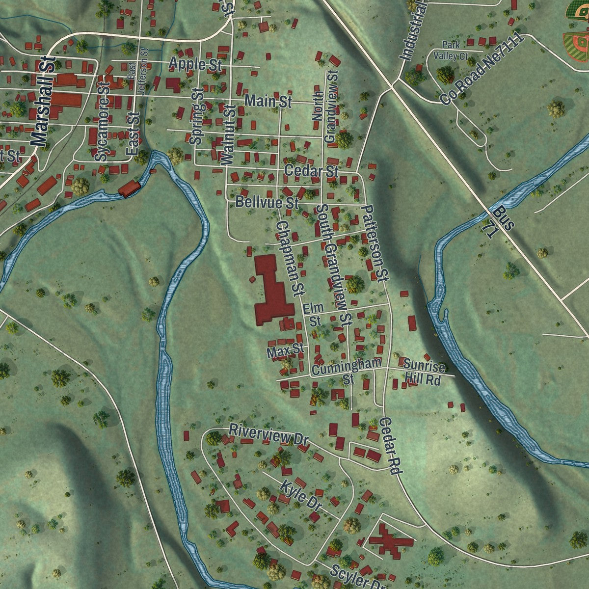 Close-up of the map of Anderson, Missouri print showing street and building detail