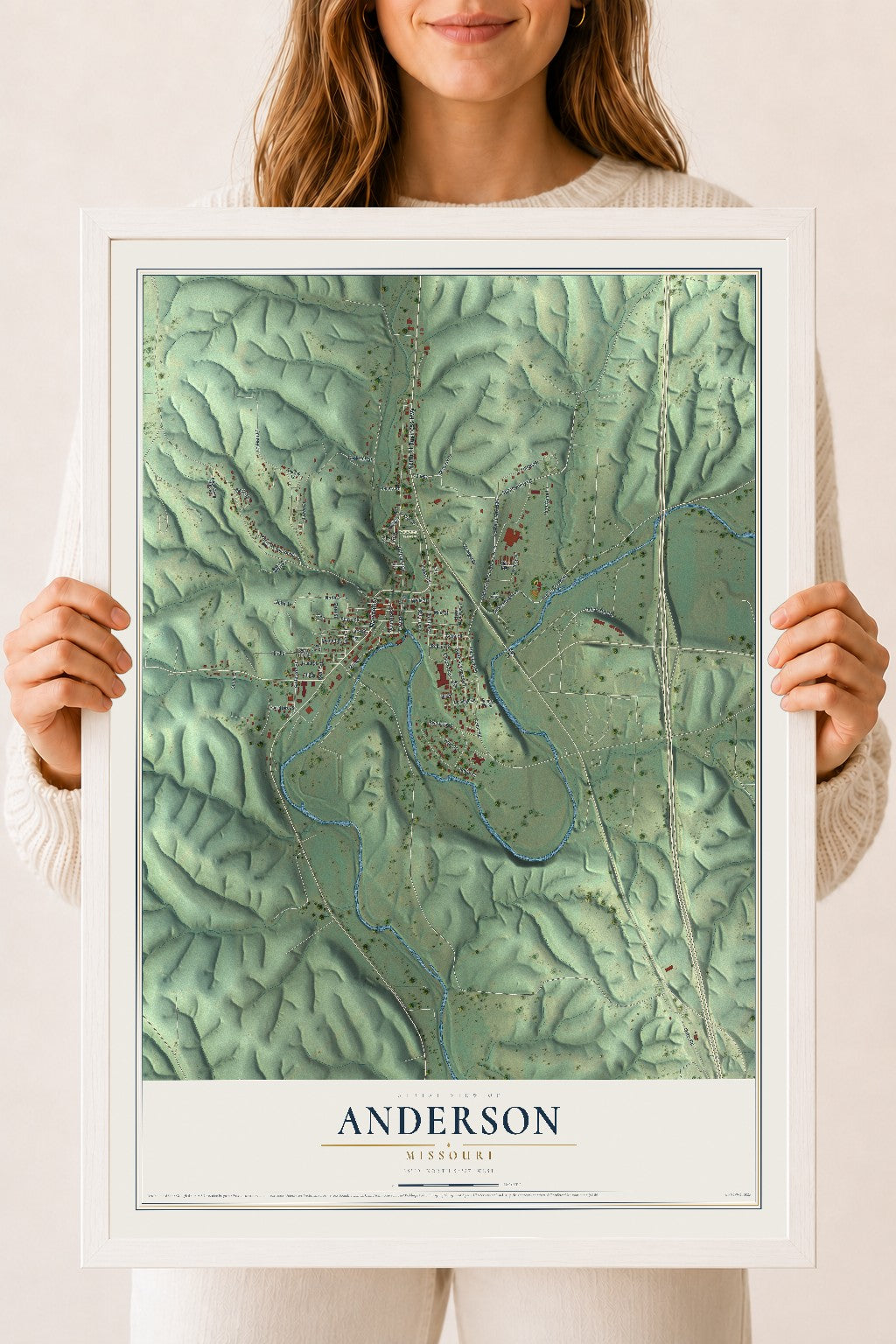Map of Anderson, Missouri, 18 x 24 inch print in a white wood frame