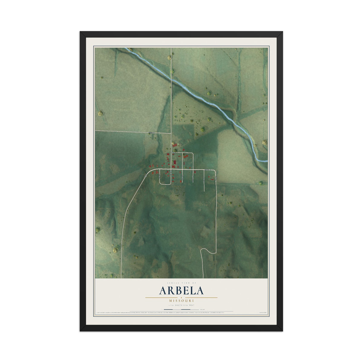 Map of Arbela, Missouri, 12 x 18 inch print in a black wood frame