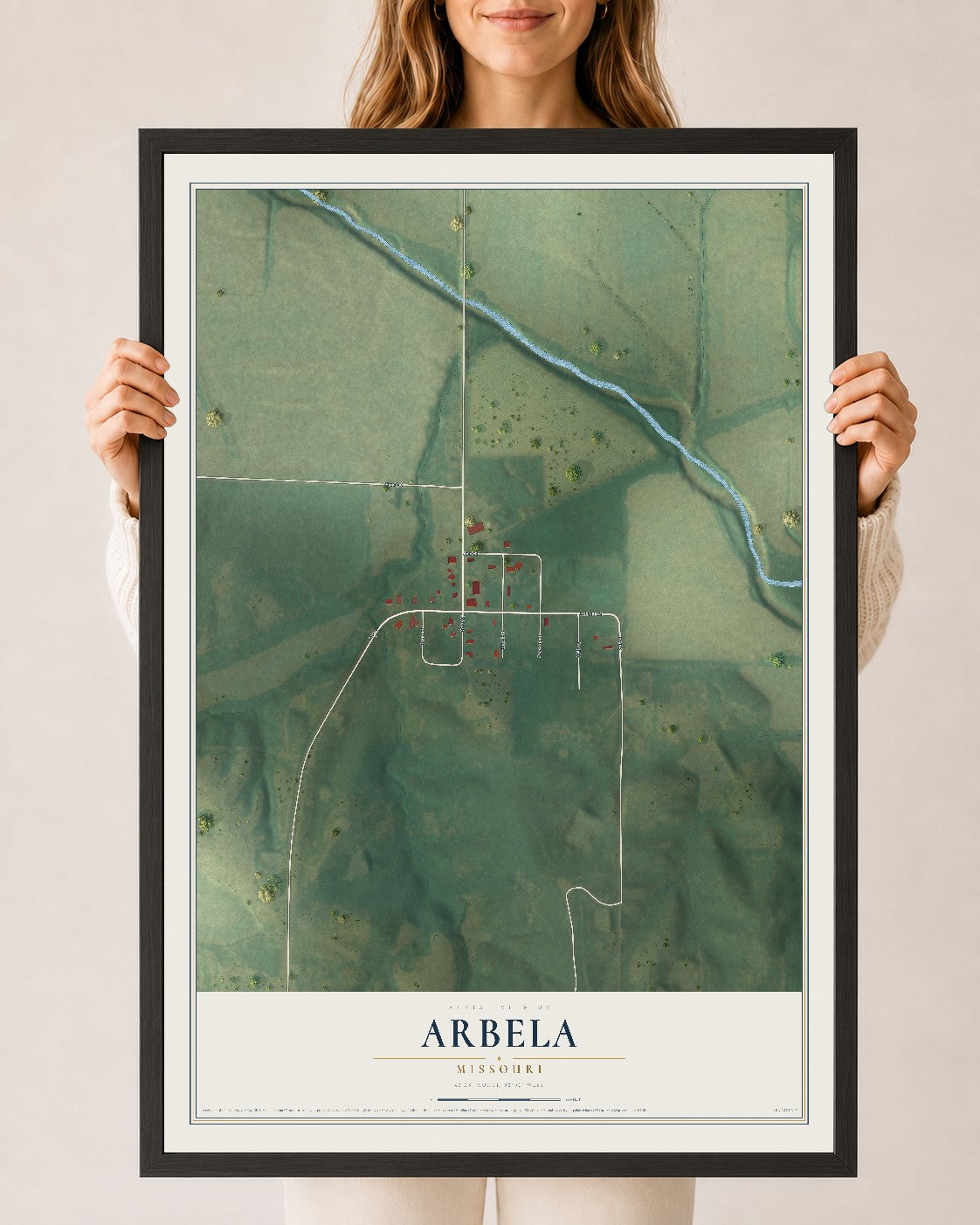 Map of Arbela, Missouri, 24 x 36 inch print in a black wood frame