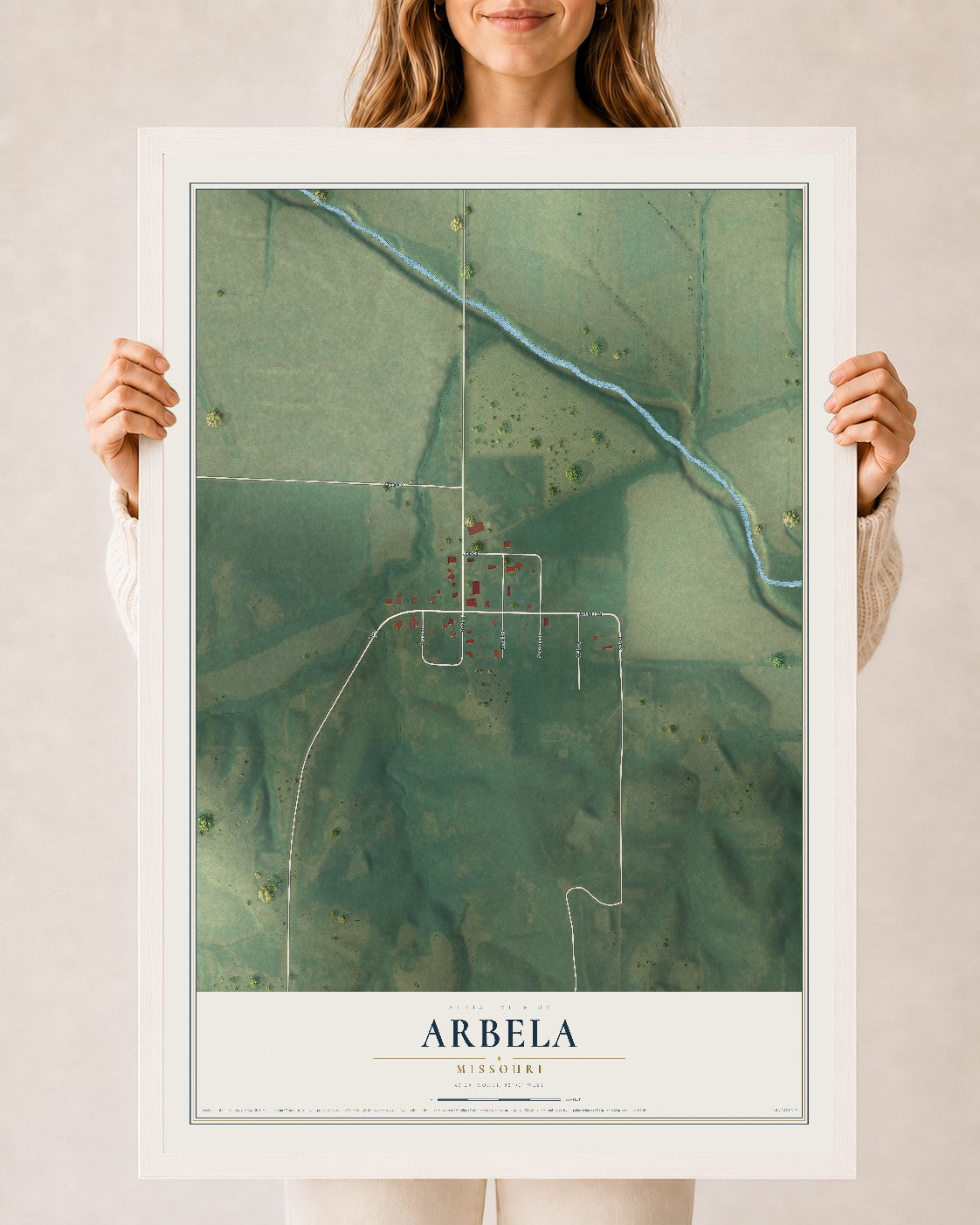 Map of Arbela, Missouri, 24 x 36 inch print in a white wood frame