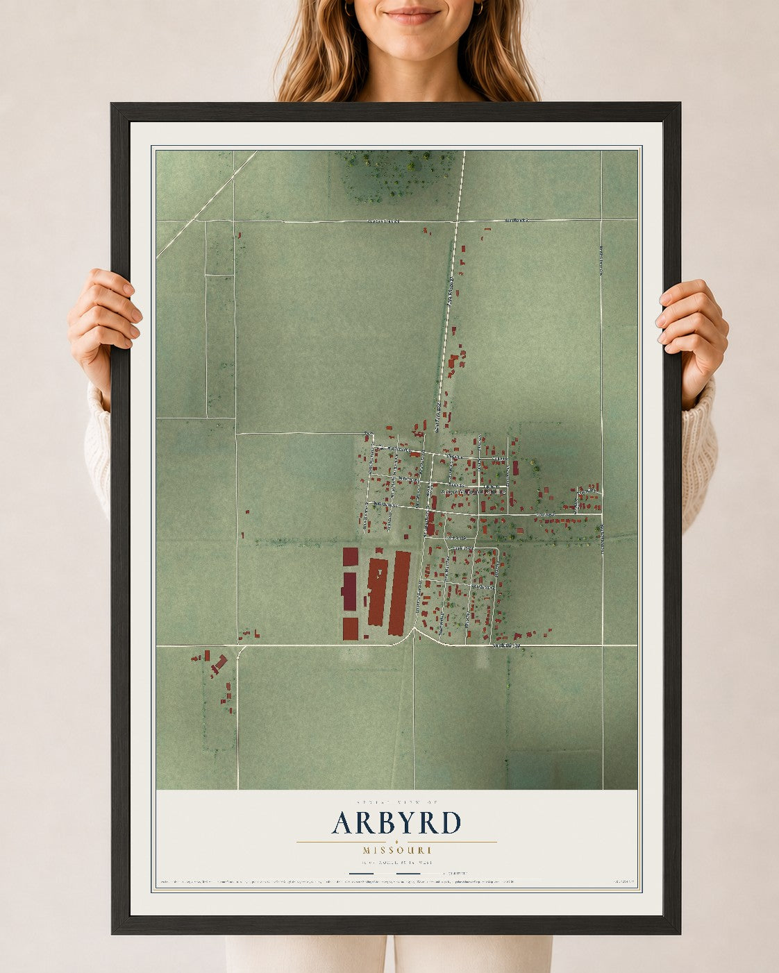 Map of Arbyrd, Missouri, 24 x 36 inch print in a black wood frame