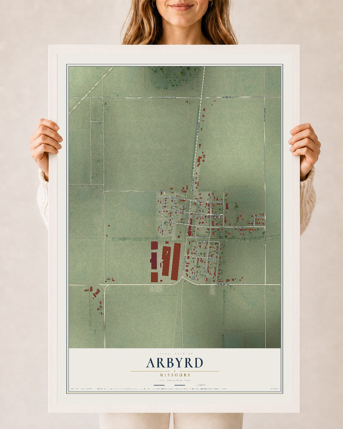 Map of Arbyrd, Missouri, 24 x 36 inch print in a white wood frame