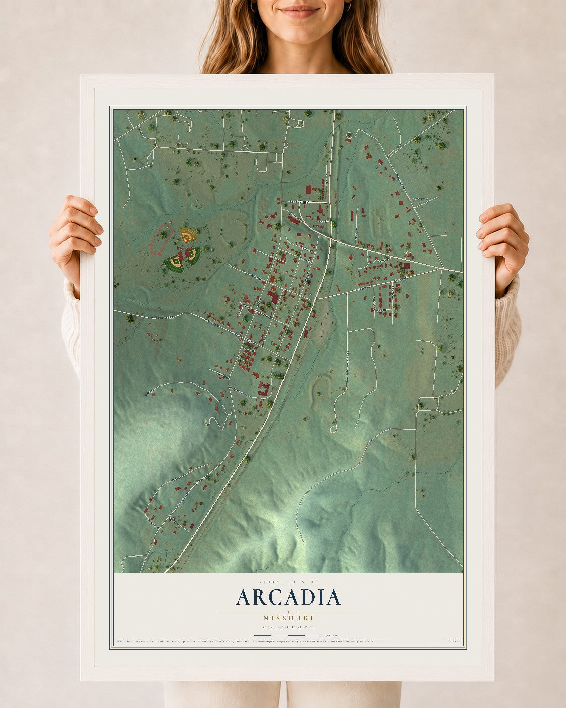 Map of Arcadia, Missouri, 24 x 36 inch print in a white wood frame