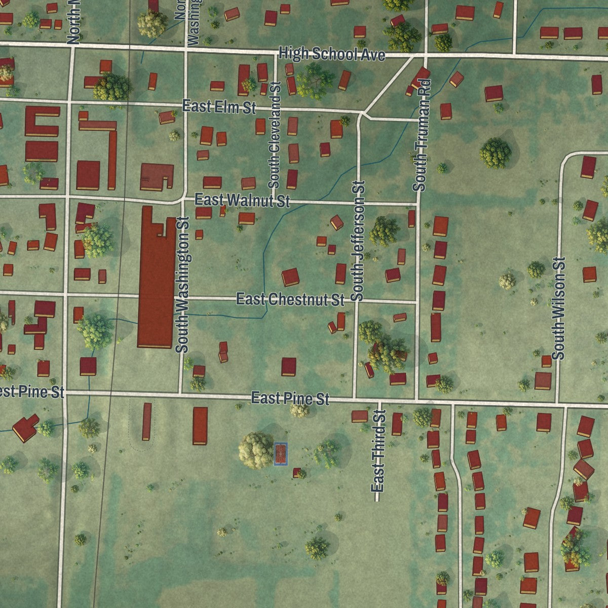 Close-up of the map of Archie, Missouri print showing street and building detail