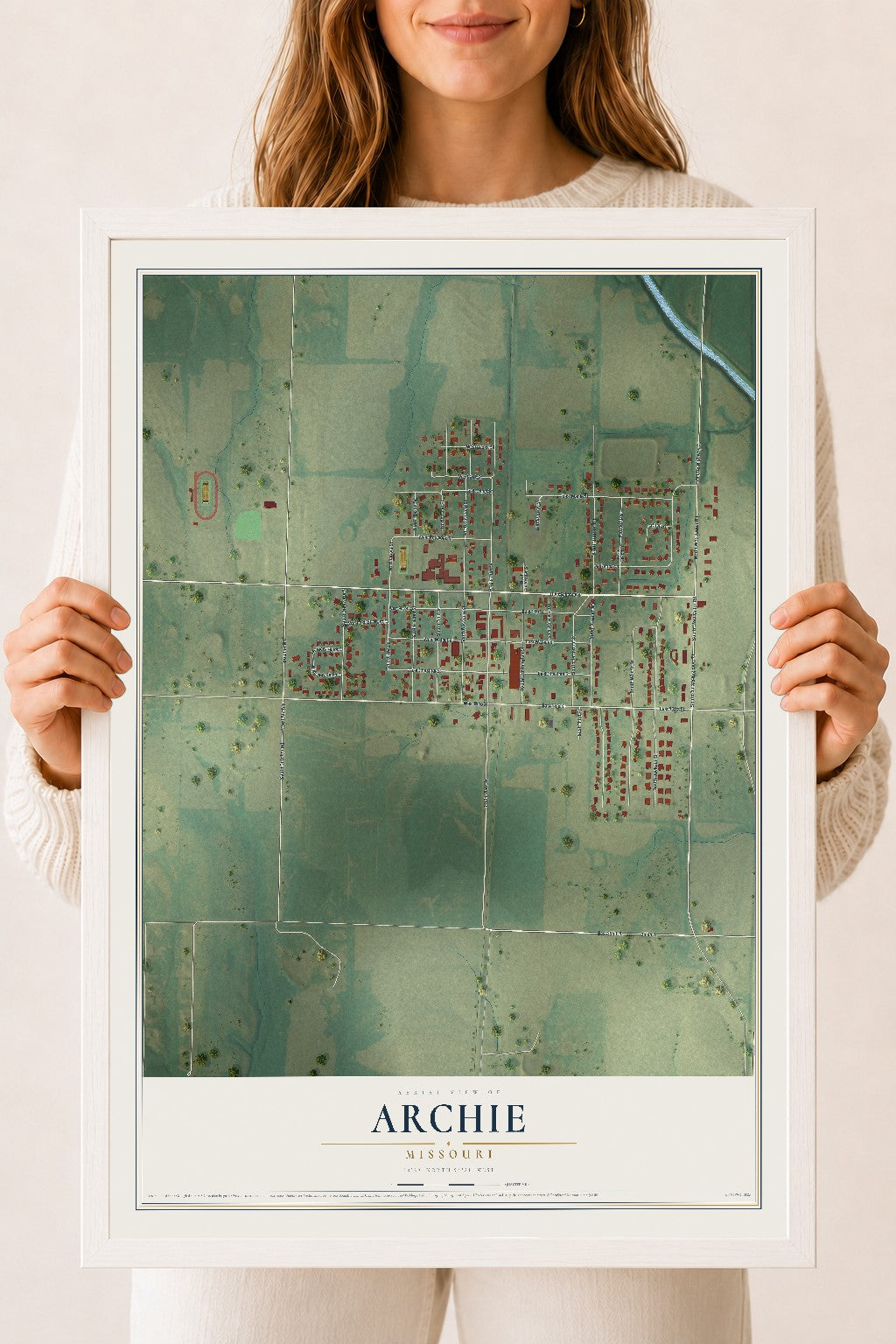 Map of Archie, Missouri, 18 x 24 inch print in a white wood frame