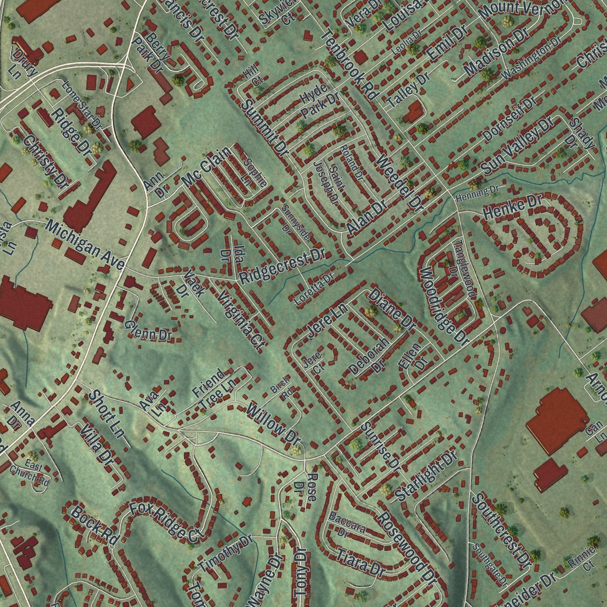 Close-up of the map of Arnold, Missouri print showing street and building detail