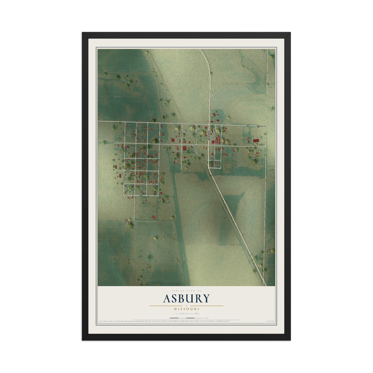 Map of Asbury, Missouri, 12 x 18 inch print in a black wood frame