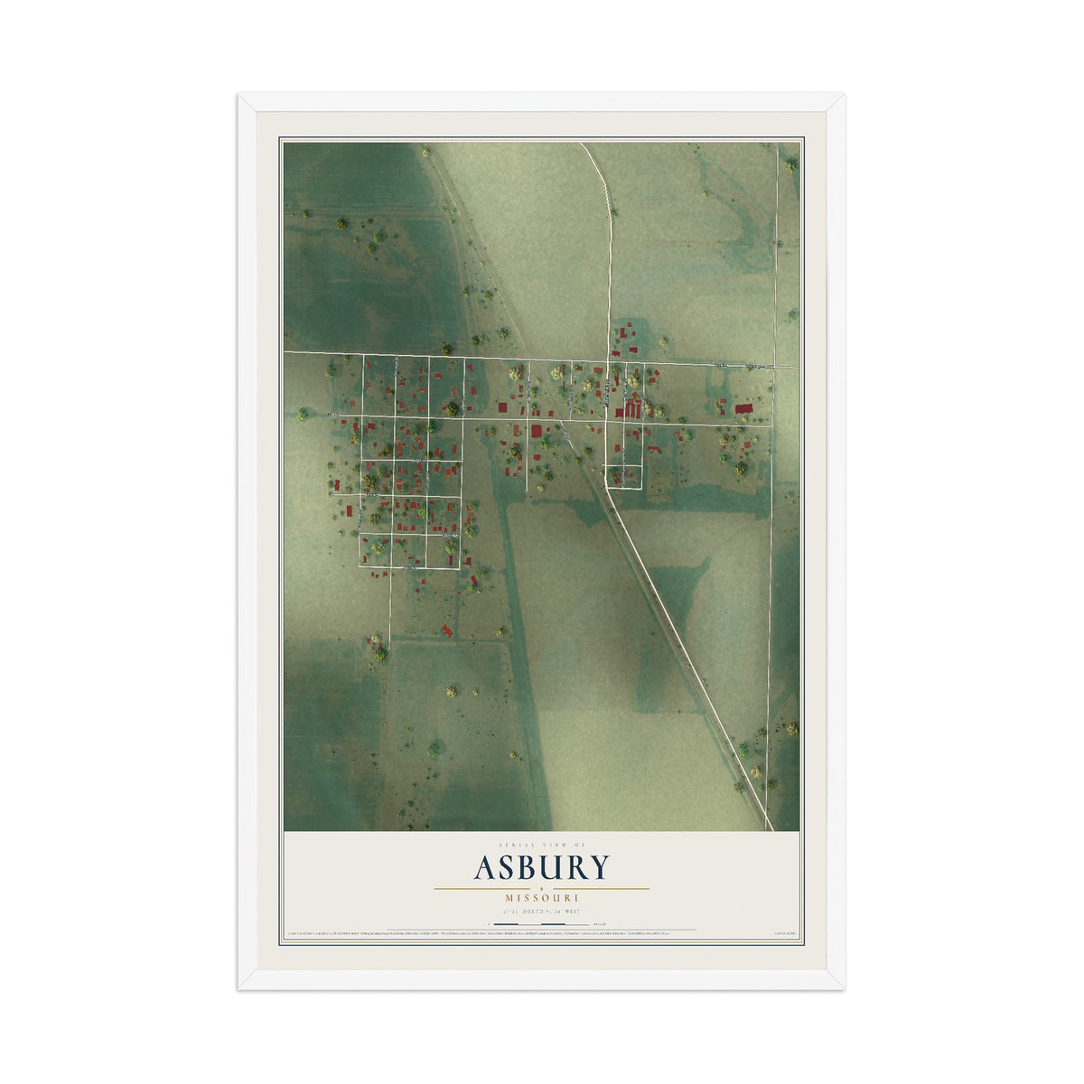Map of Asbury, Missouri, 12 x 18 inch print in a white wood frame