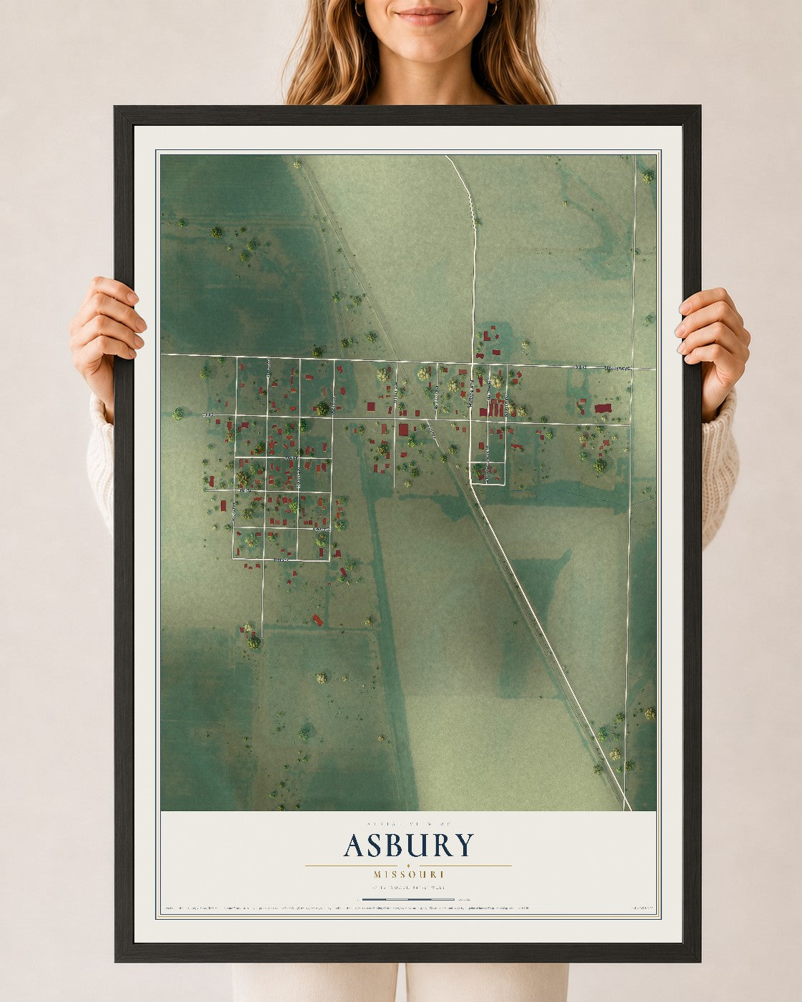 Map of Asbury, Missouri, 24 x 36 inch print in a black wood frame