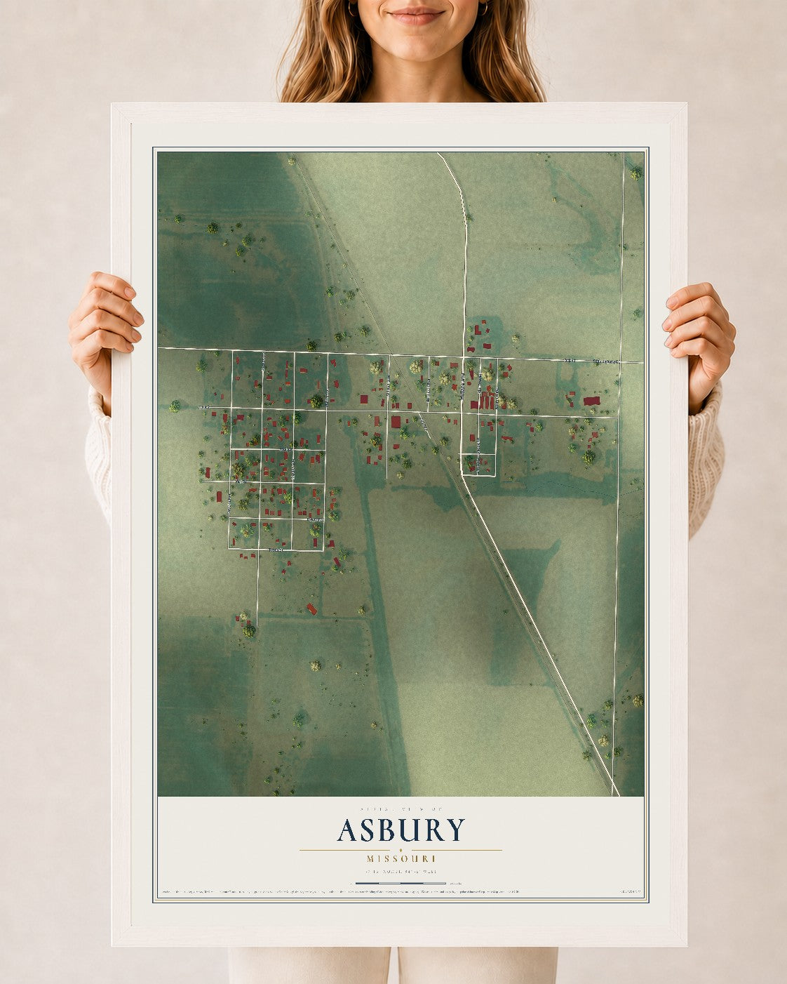 Map of Asbury, Missouri, 24 x 36 inch print in a white wood frame