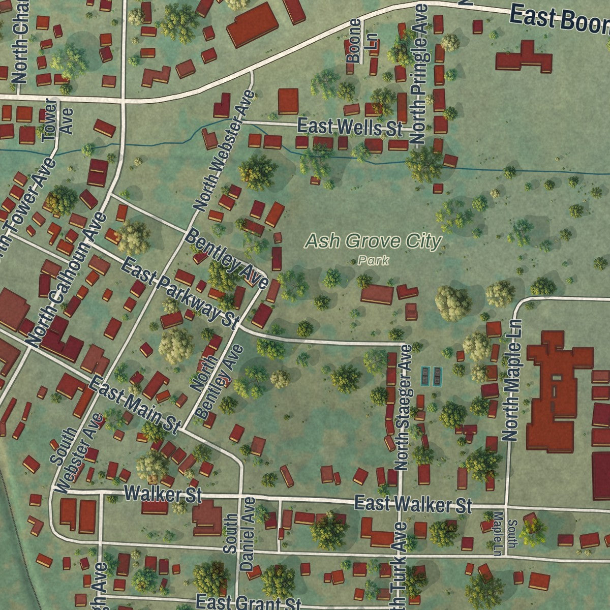Close-up of the map of Ash Grove, Missouri print showing street and building detail