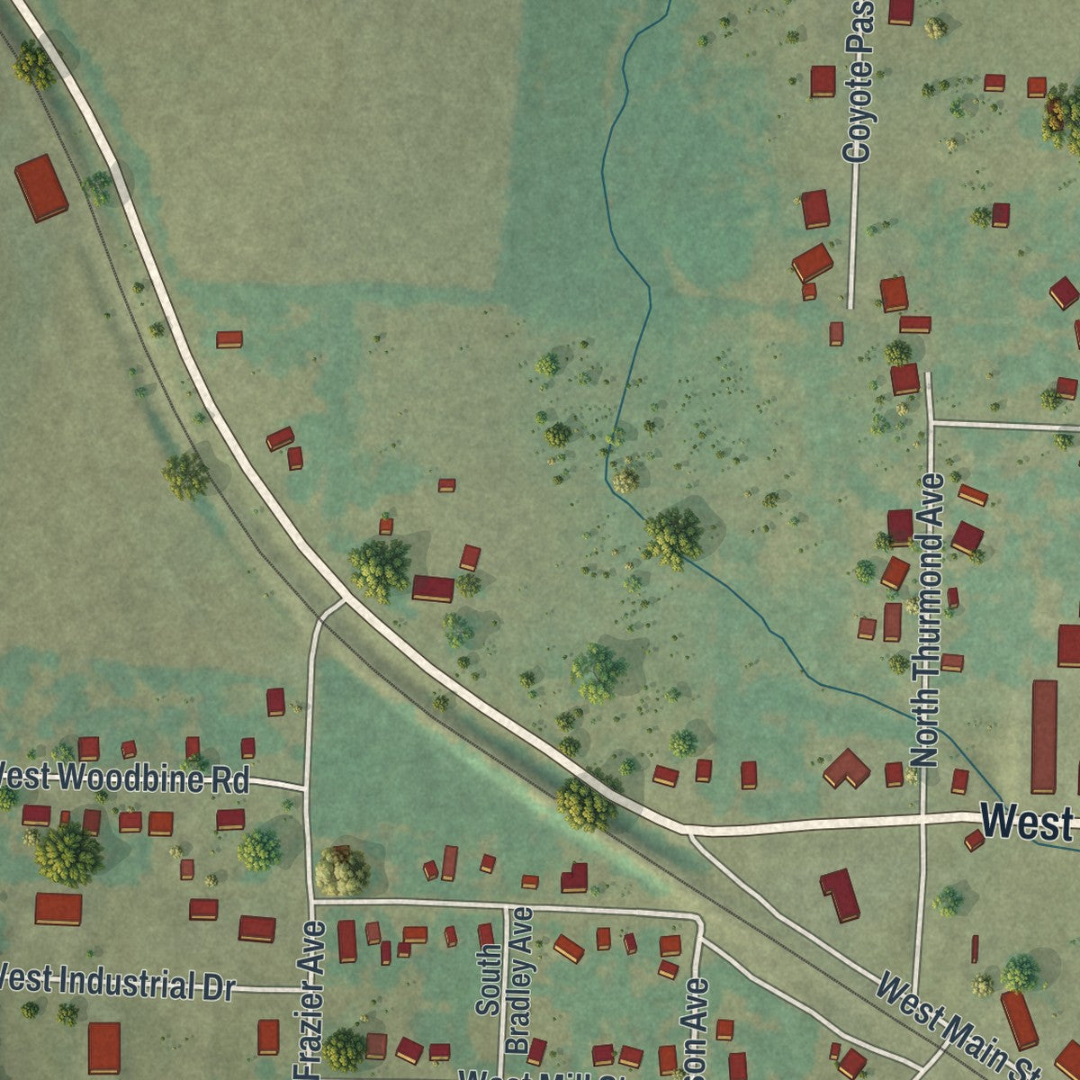 Second close-up of the map of Ash Grove, Missouri print showing more streets and buildings