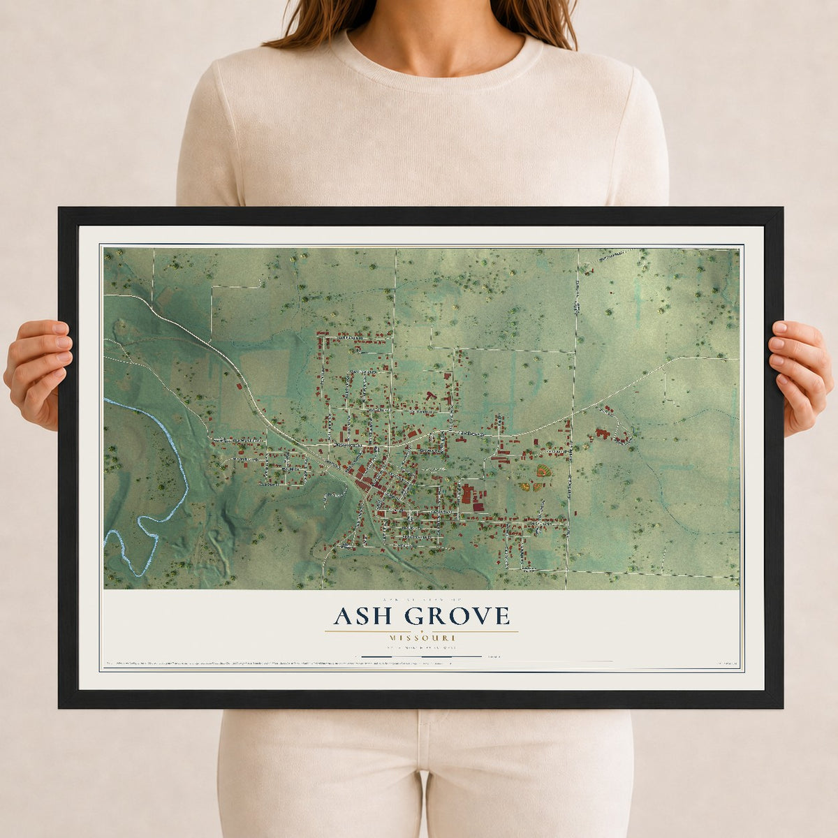 Map of Ash Grove, Missouri, 12 x 18 inch print in a black wood frame