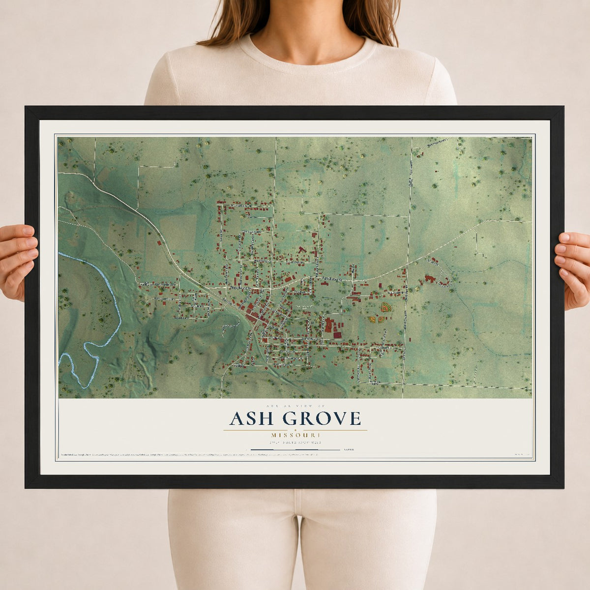 Map of Ash Grove, Missouri, 18 x 24 inch print in a black wood frame