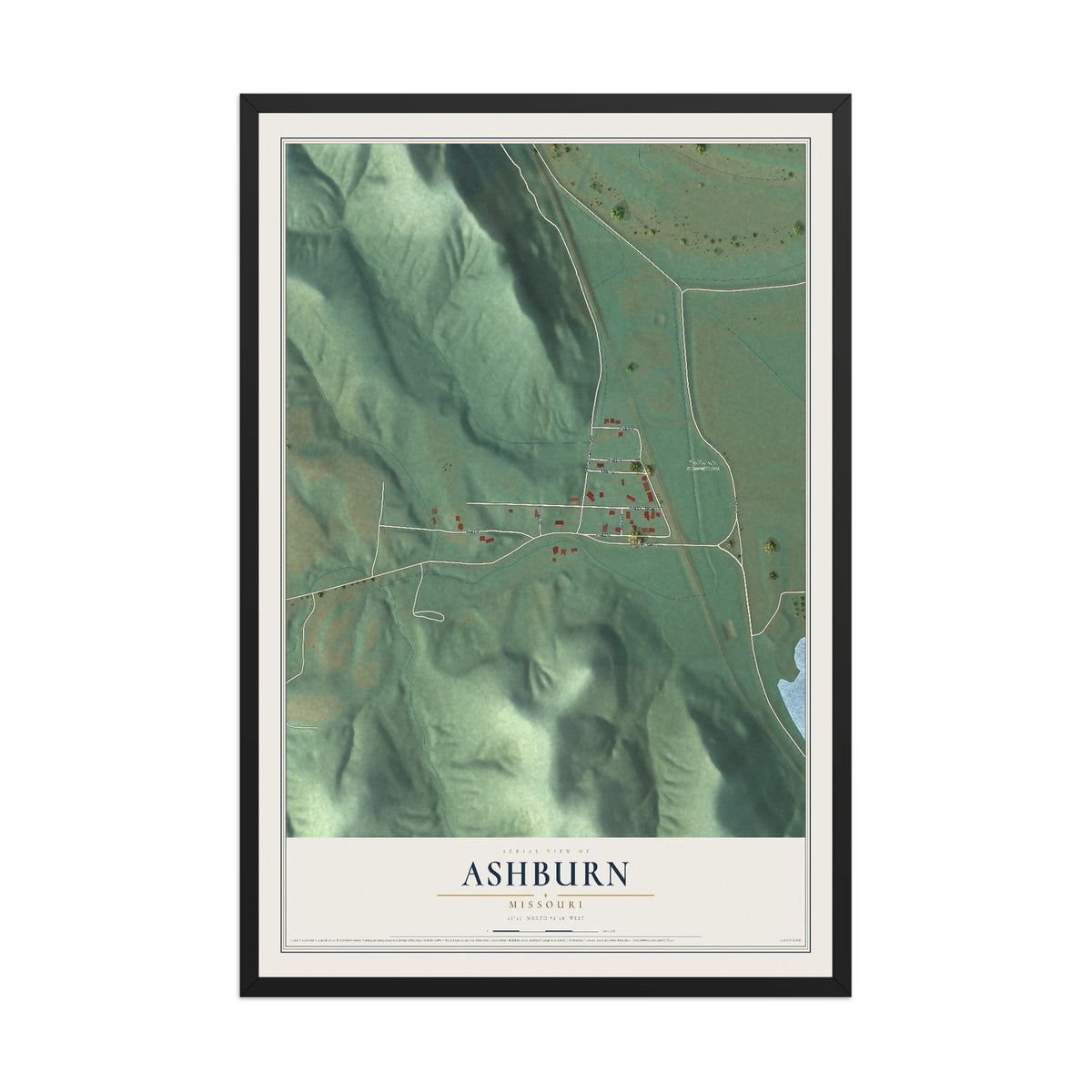 Map of Ashburn, Missouri, 12 x 18 inch print in a black wood frame