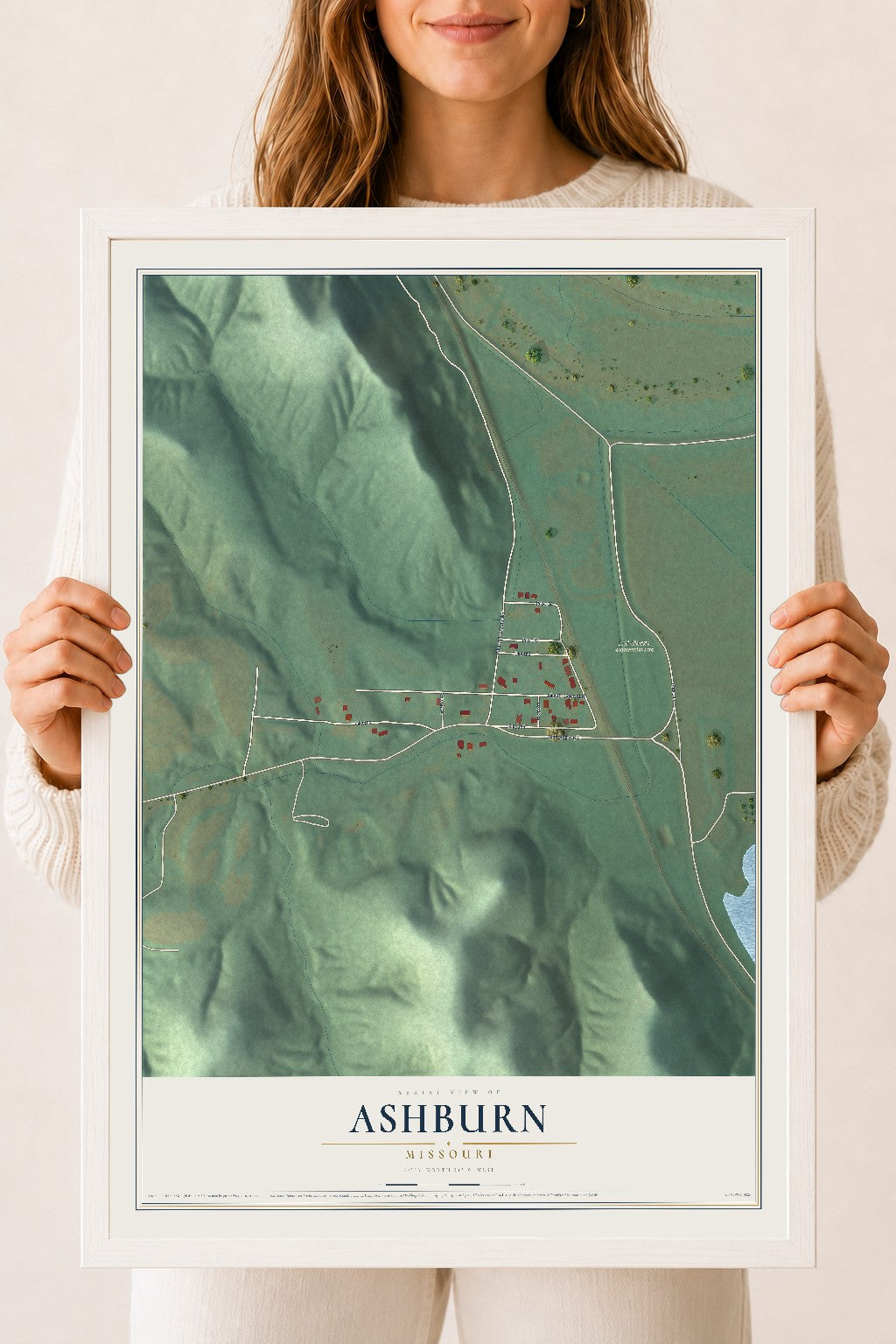 Map of Ashburn, Missouri, 18 x 24 inch print in a white wood frame