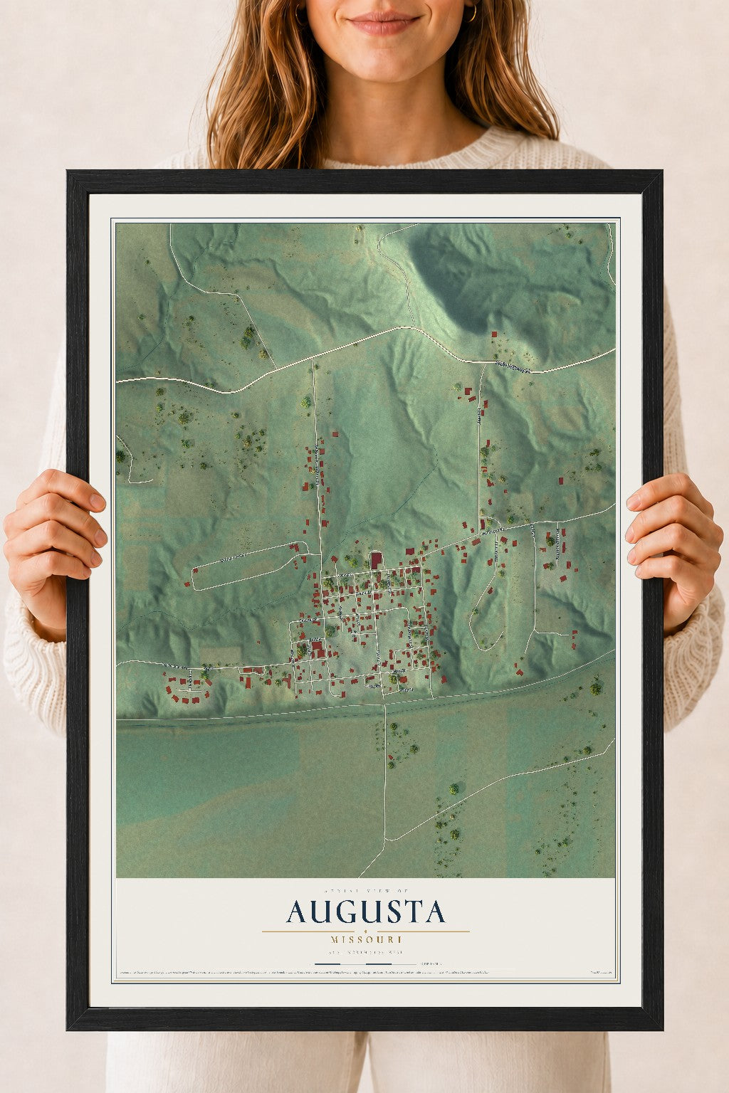 Map of Augusta, Missouri, 18 x 24 inch print in a black wood frame