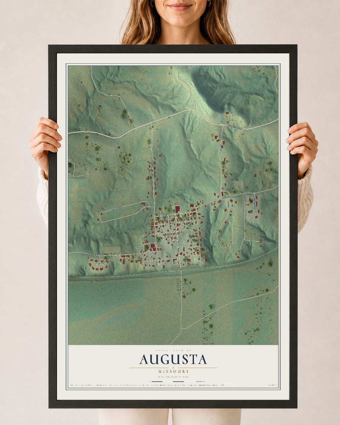 Map of Augusta, Missouri, 24 x 36 inch print in a black wood frame