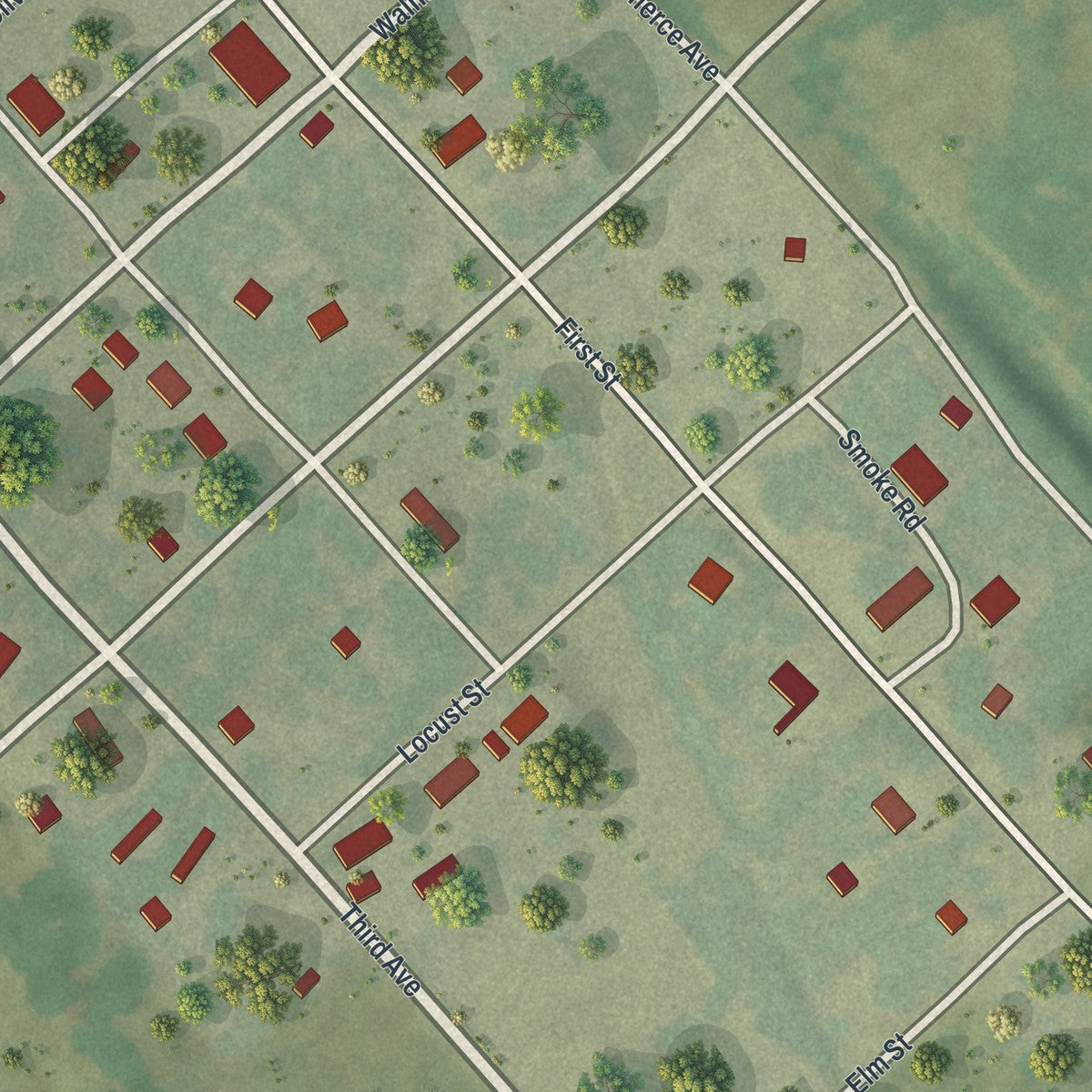 Close-up of the map of Aullville, Missouri print showing street and building detail