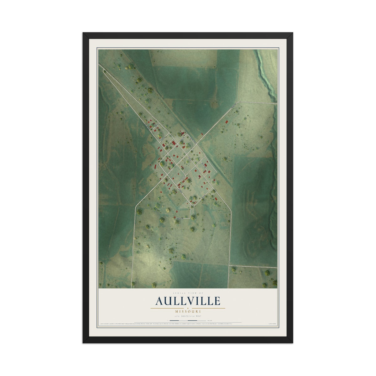 Map of Aullville, Missouri, 12 x 18 inch print in a black wood frame