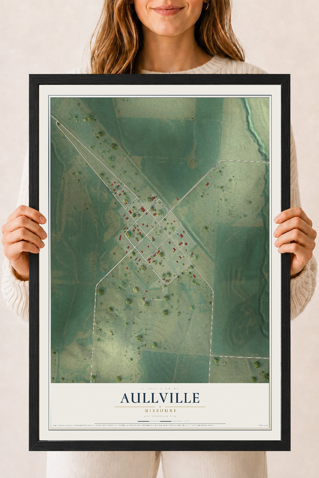 Map of Aullville, Missouri, 18 x 24 inch print in a black wood frame
