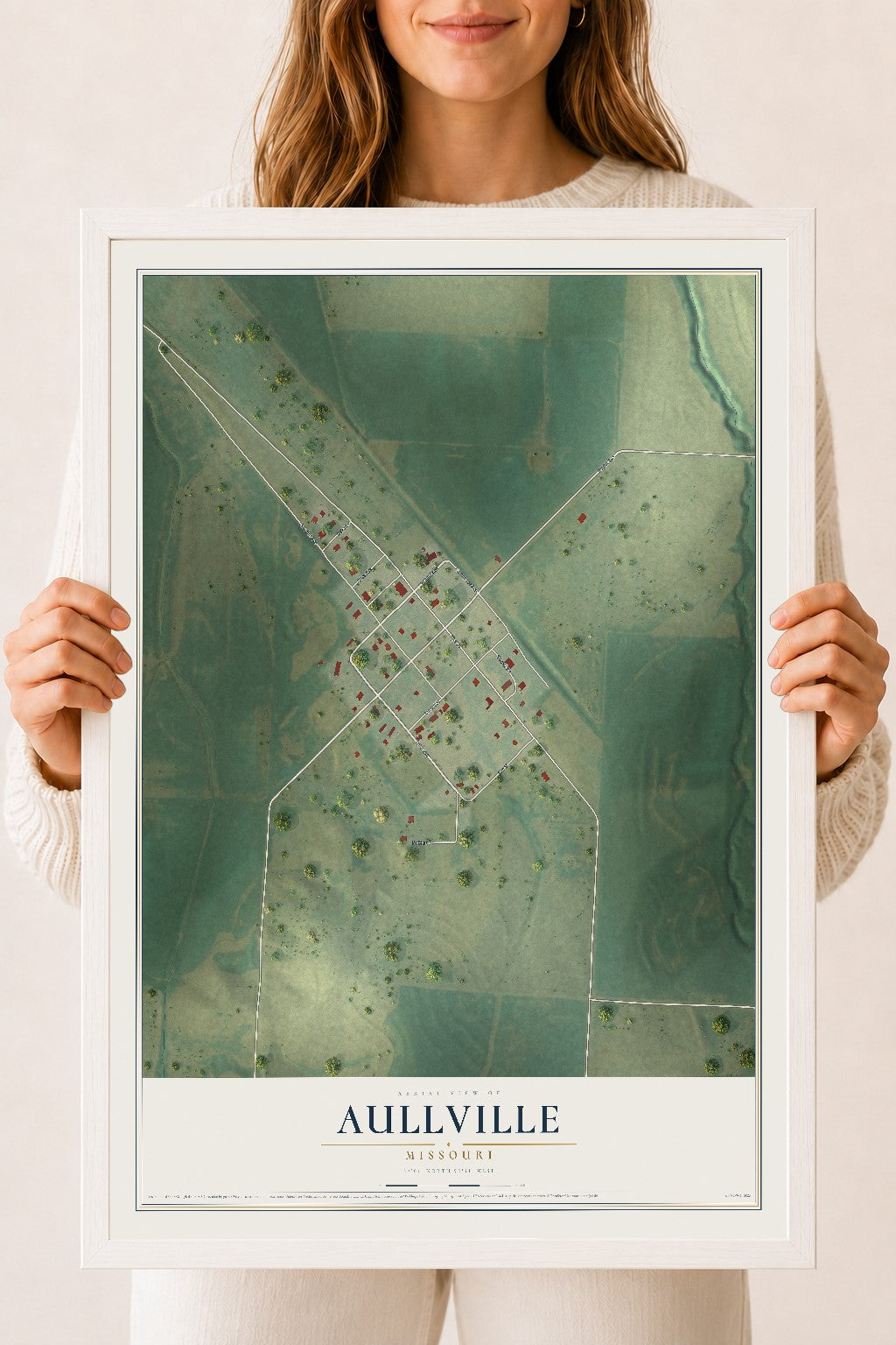 Map of Aullville, Missouri, 18 x 24 inch print in a white wood frame