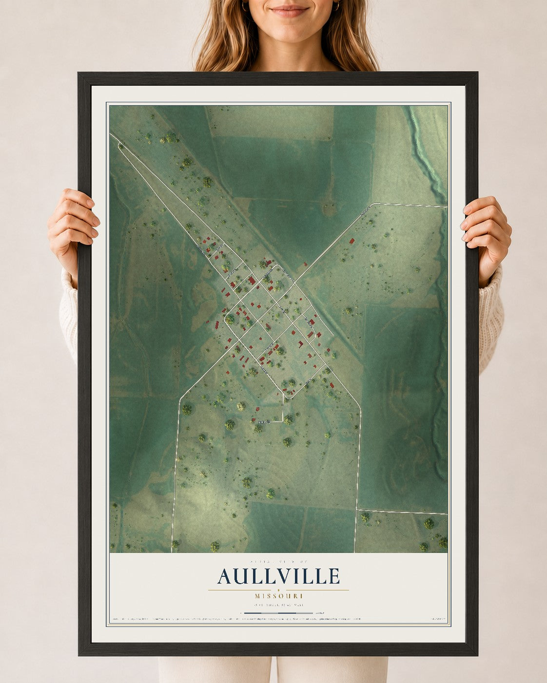 Map of Aullville, Missouri, 24 x 36 inch print in a black wood frame