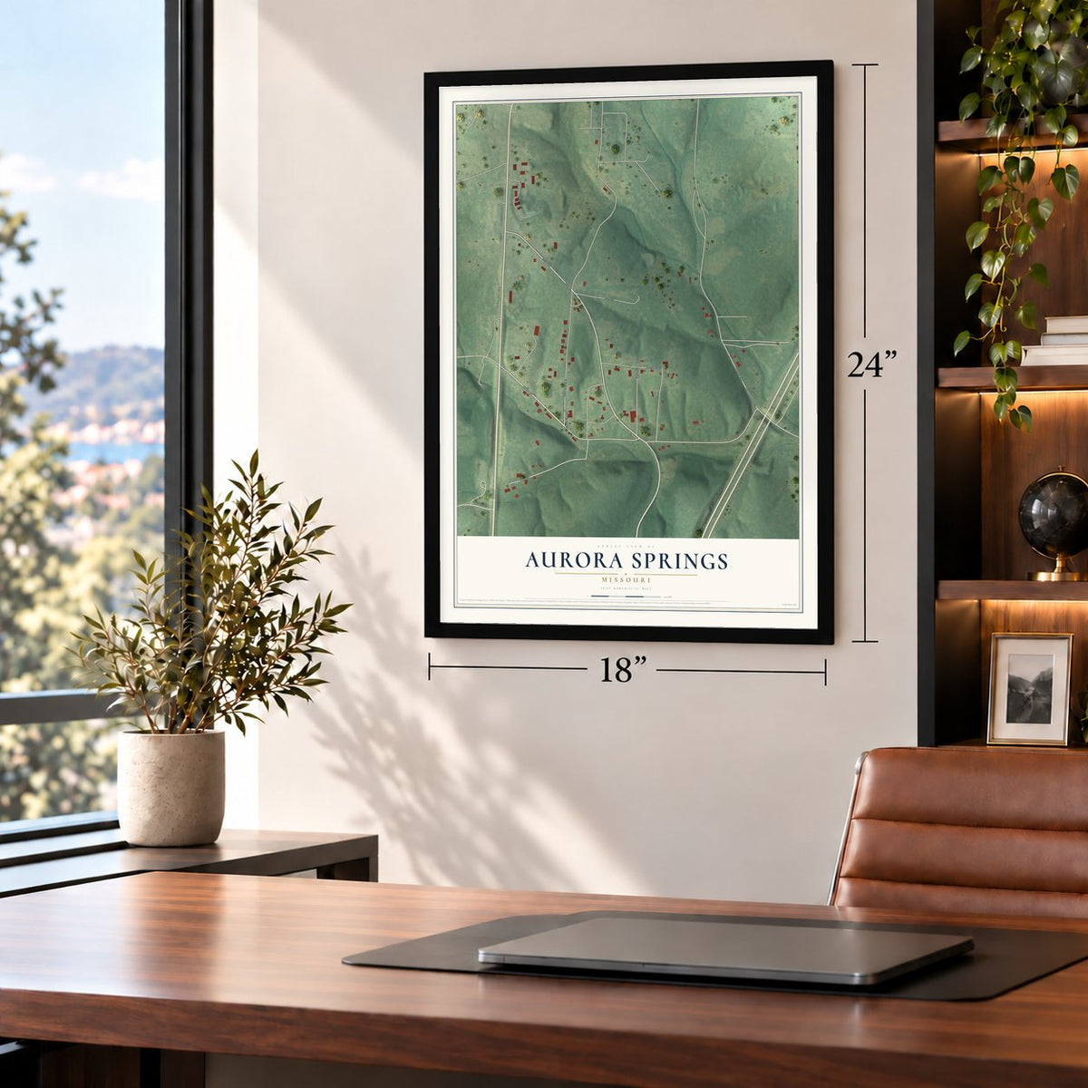 Aurora Springs, Missouri map, 18 x 24 inch print in a black frame in a home office