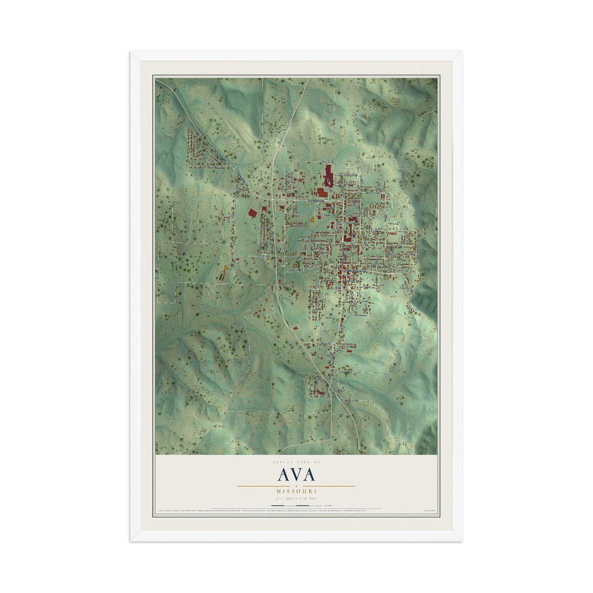 Map of Ava, Missouri, 12 x 18 inch print in a white wood frame