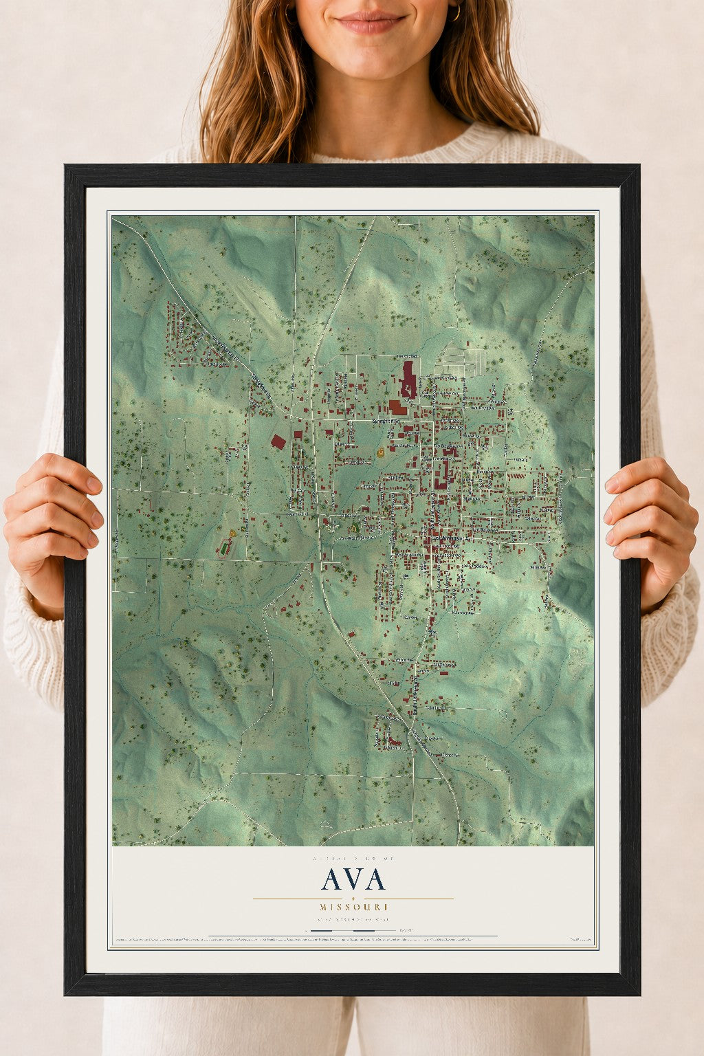 Map of Ava, Missouri, 18 x 24 inch print in a black wood frame