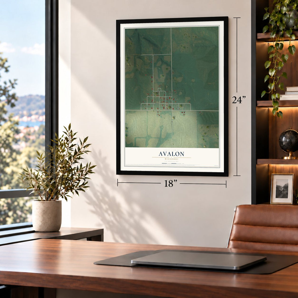 Avalon, Missouri map, 18 x 24 inch print in a black frame in a home office