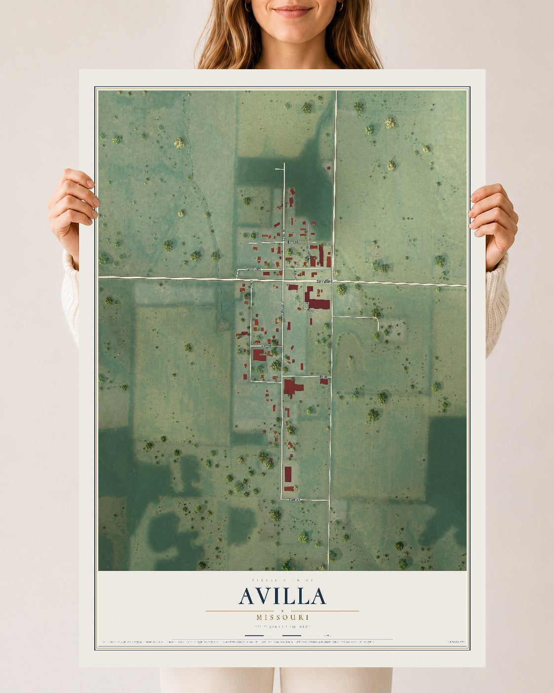 Map of Avilla, Missouri, 24 x 36 inch unframed archival matte print