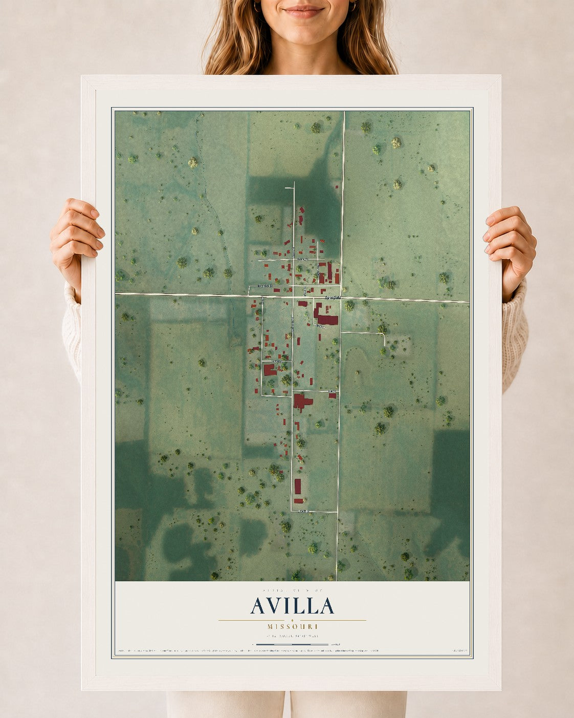 Map of Avilla, Missouri, 24 x 36 inch print in a white wood frame