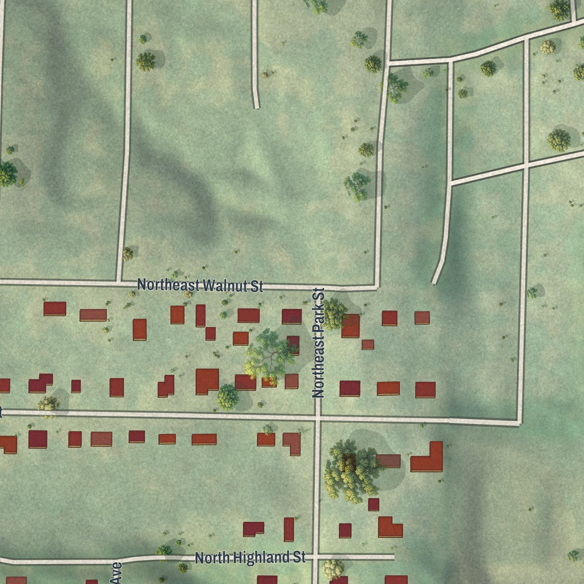 Close-up of the map of Avondale, Missouri print showing street and building detail