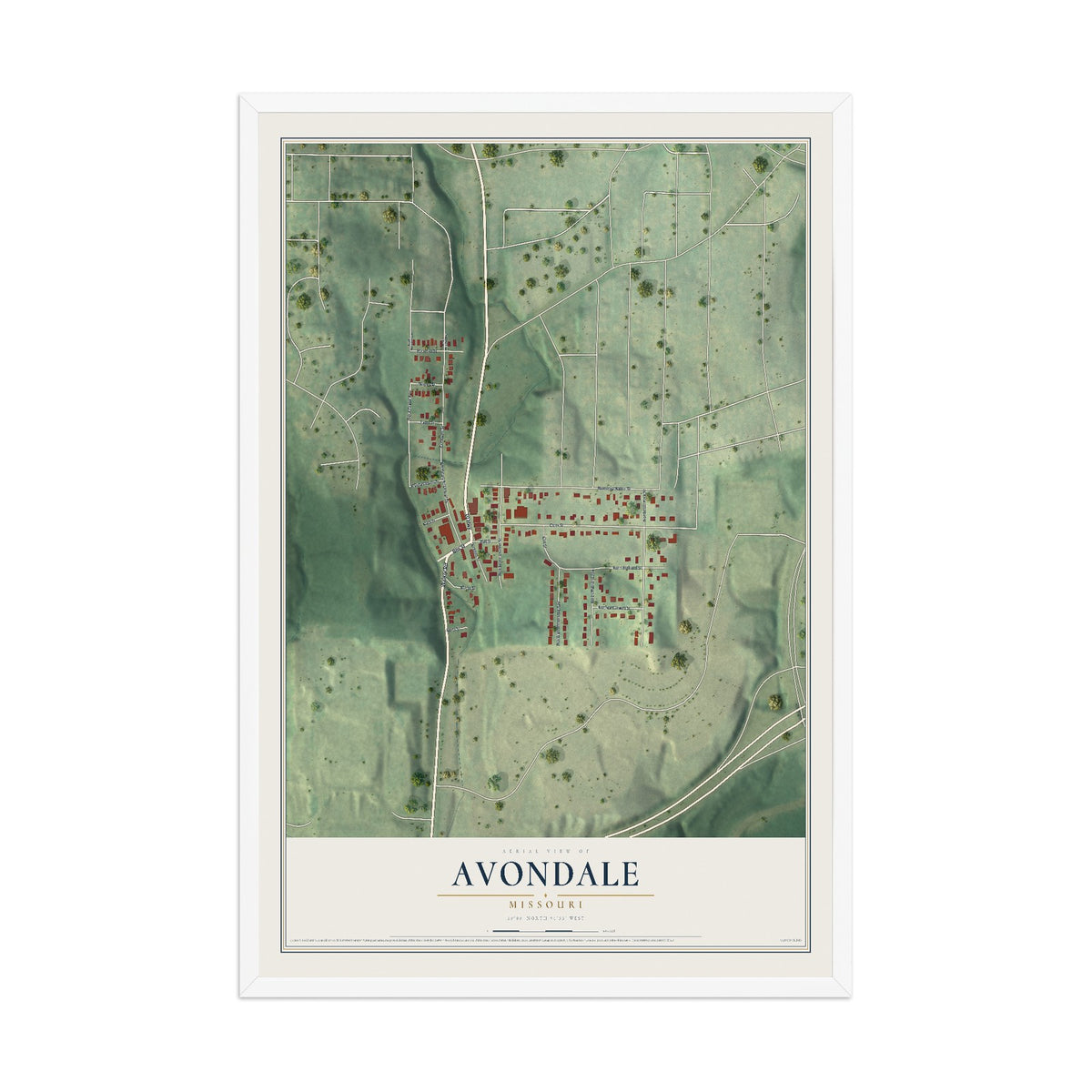 Map of Avondale, Missouri, 12 x 18 inch print in a white wood frame