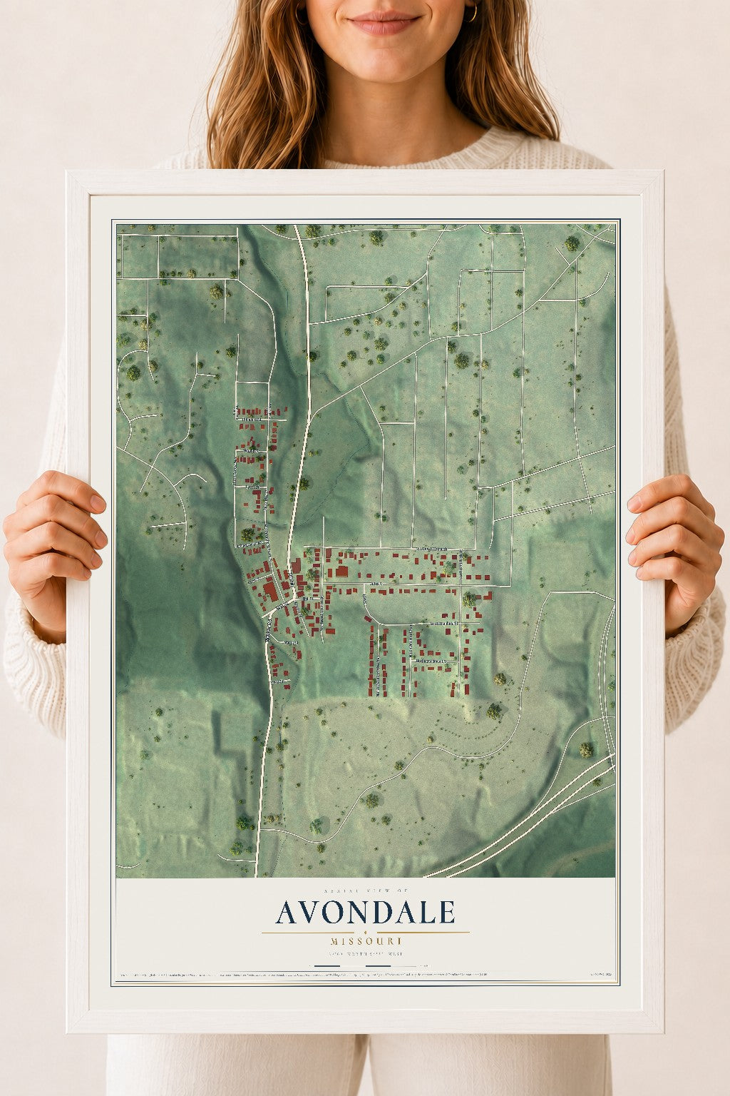 Map of Avondale, Missouri, 18 x 24 inch print in a white wood frame