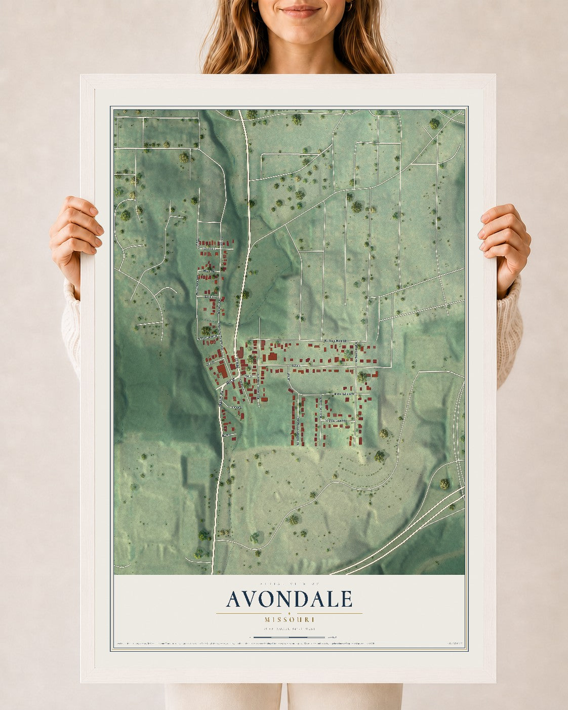 Map of Avondale, Missouri, 24 x 36 inch print in a white wood frame