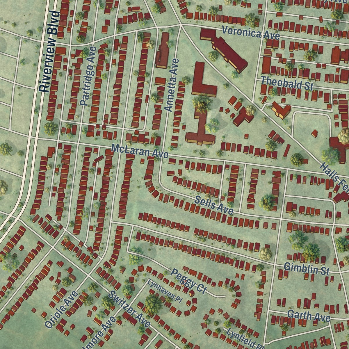 Close-up of the map of Baden, Missouri print showing street and building detail
