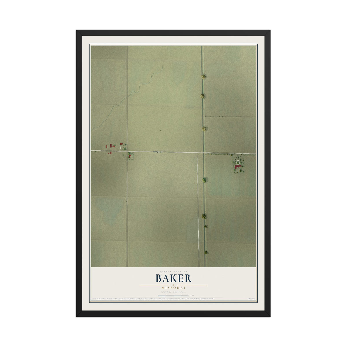 Map of Baker, Missouri, 12 x 18 inch print in a black wood frame