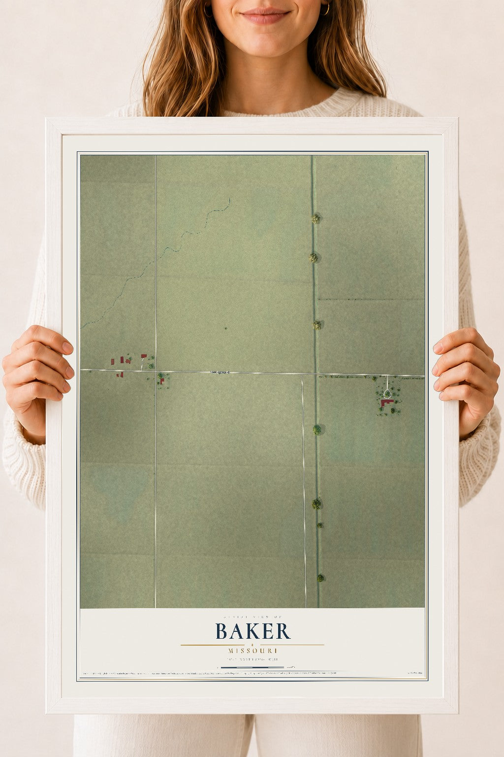 Map of Baker, Missouri, 18 x 24 inch print in a white wood frame