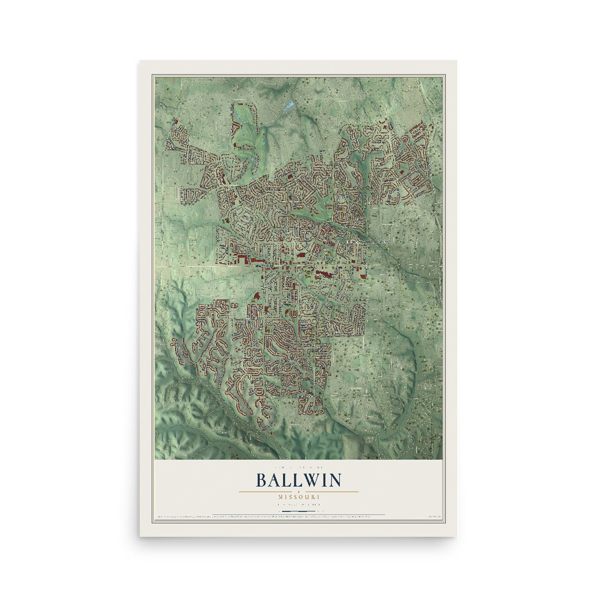 Map of Ballwin, Missouri, 12 x 18 inch unframed archival matte print
