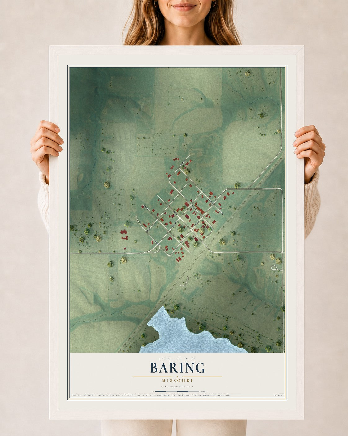 Map of Baring, Missouri, 24 x 36 inch print in a white wood frame