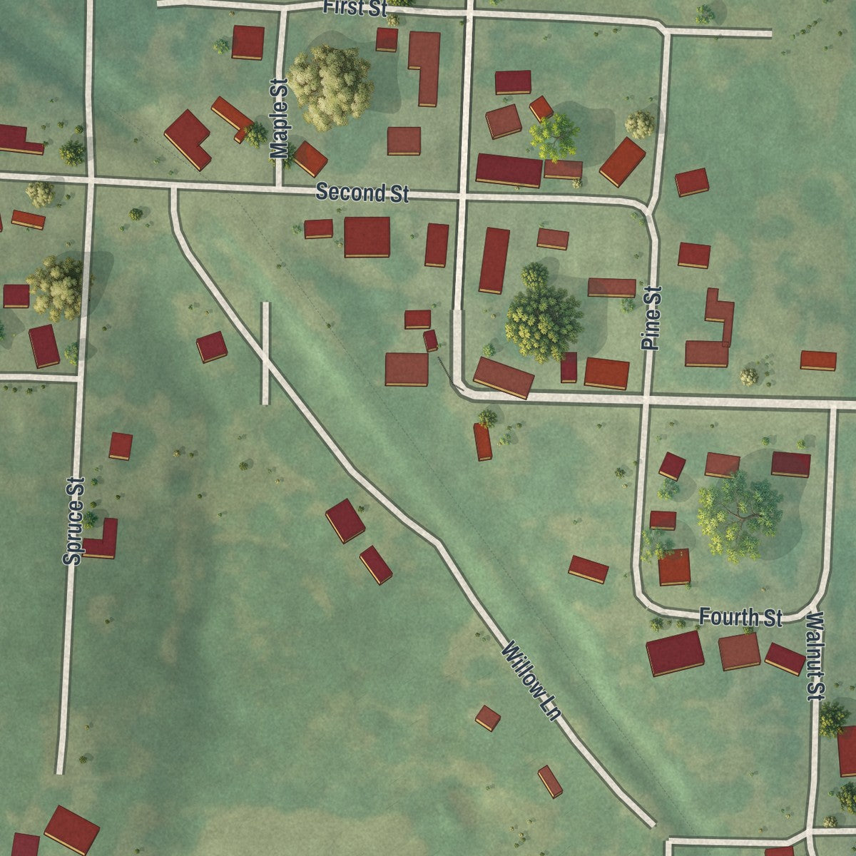 Close-up of the map of Barnett, Missouri print showing street and building detail