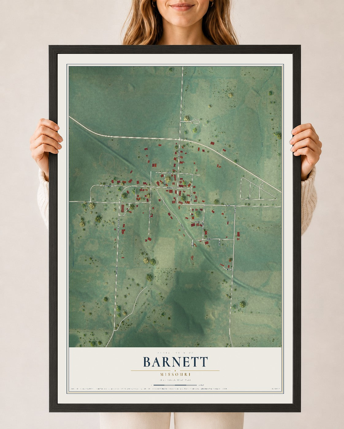 Map of Barnett, Missouri, 24 x 36 inch print in a black wood frame