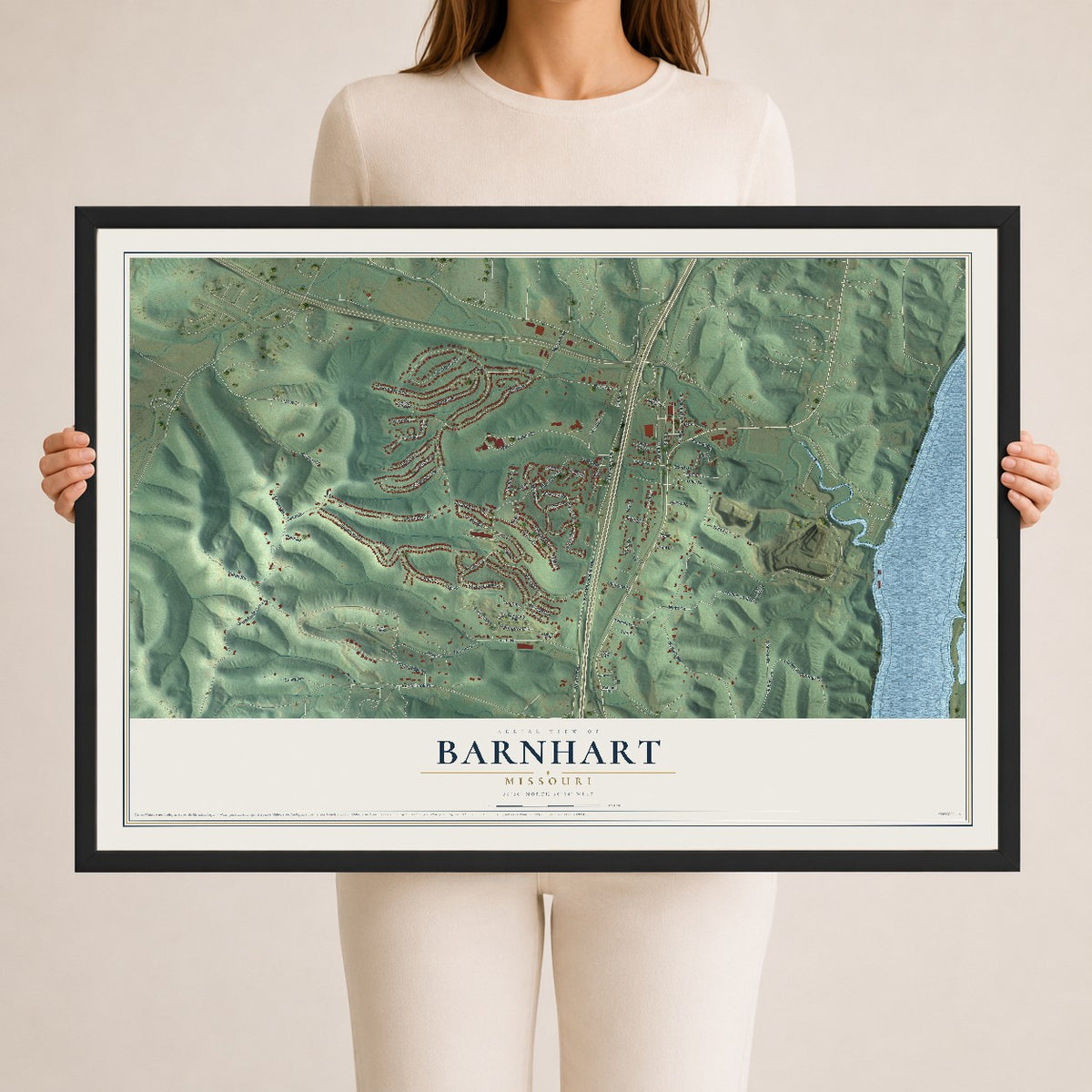 Map of Barnhart, Missouri, 24 x 36 inch print in a black wood frame