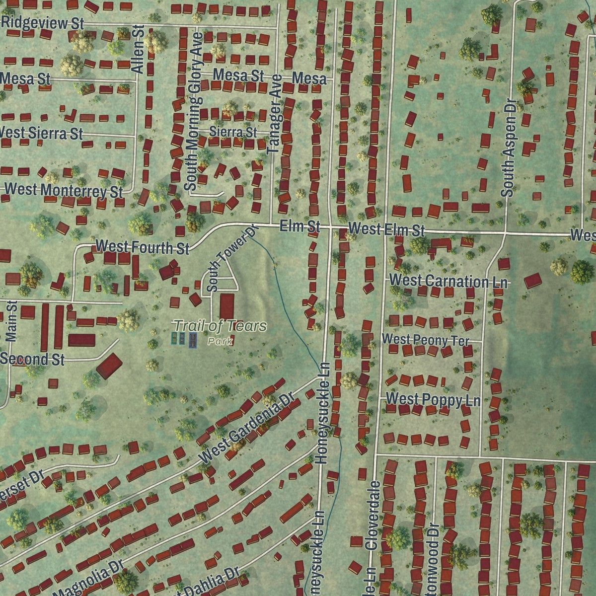 Close-up of the map of Battlefield, Missouri print showing street and building detail
