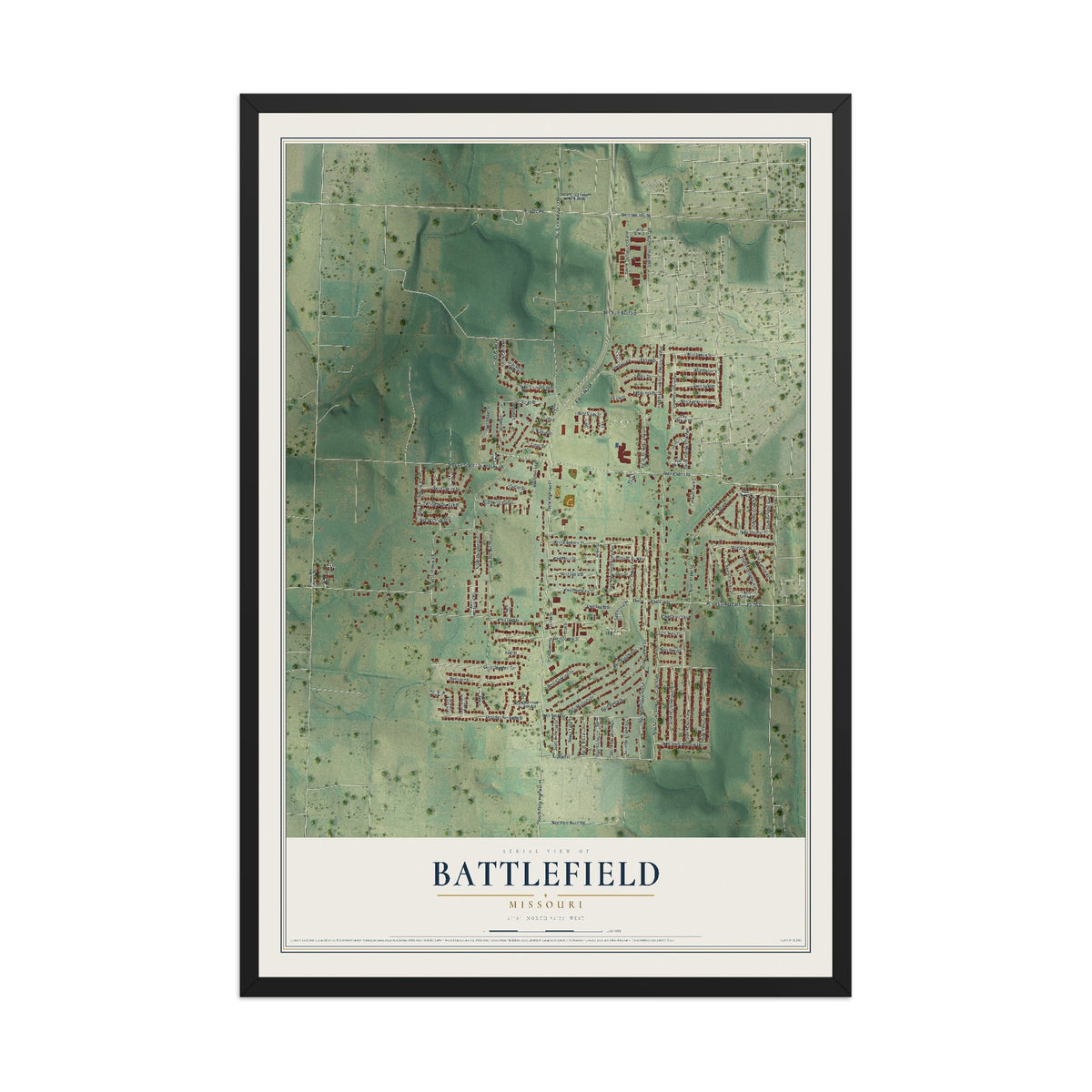 Map of Battlefield, Missouri, 12 x 18 inch print in a black wood frame